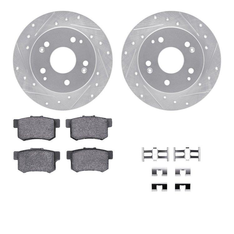 7312-59046 Drilled/Slotted Brake Rotor with 3000-Series Ceramic Brake Pads Kit & Hardware [Silver], 1997-2006 Acura/Honda, Posit