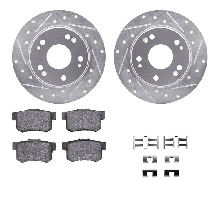 7312-59047 Drilled/Slotted Brake Rotor with 3000-Series Ceramic Brake Pads Kit & Hardware [Silver], 2003-2008 Acura/Honda, Posit