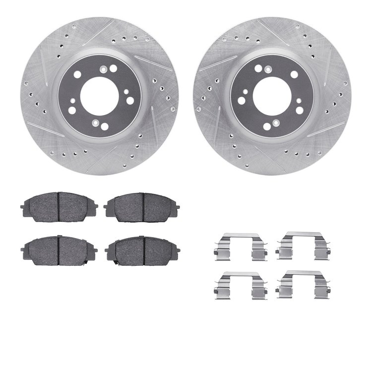 7312-59059 Drilled/Slotted Brake Rotor with 3000-Series Ceramic Brake Pads Kit & Hardware [Silver], 2000-2009 Acura/Honda, Posit