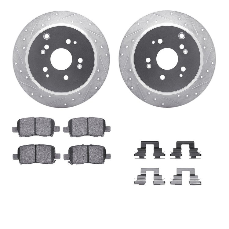 7312-59063 Drilled/Slotted Brake Rotor with 3000-Series Ceramic Brake Pads Kit & Hardware [Silver], 2002-2004 Acura/Honda, Posit