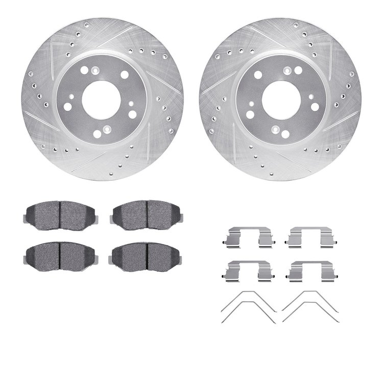 7312-59064 Drilled/Slotted Brake Rotor with 3000-Series Ceramic Brake Pads Kit & Hardware [Silver], 2003-2017 Acura/Honda, Posit