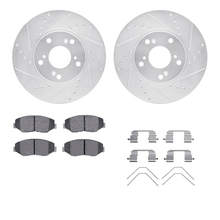 7312-59065 Drilled/Slotted Brake Rotor with 3000-Series Ceramic Brake Pads Kit & Hardware [Silver], 2002-2015 Acura/Honda, Posit