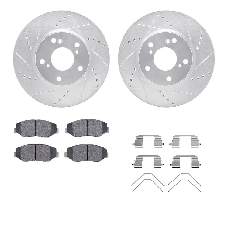 7312-59066 Drilled/Slotted Brake Rotor with 3000-Series Ceramic Brake Pads Kit & Hardware [Silver], 2016-2021 Acura/Honda, Posit