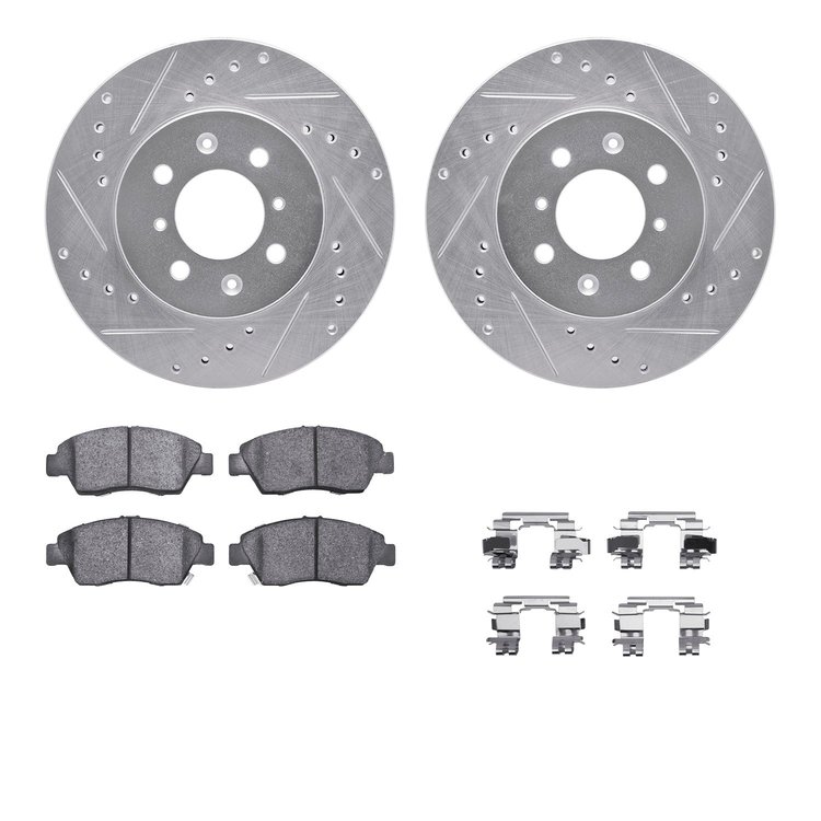 7312-59070 Drilled/Slotted Brake Rotor with 3000-Series Ceramic Brake Pads Kit & Hardware [Silver], 1993-1997 Acura/Honda, Posit