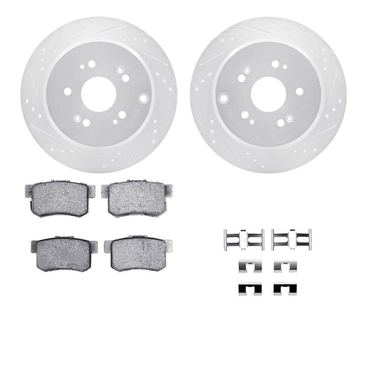 7312-59076 Drilled/Slotted Brake Rotor with 3000-Series Ceramic Brake Pads Kit & Hardware [Silver], 2005-2018 Acura/Honda, Posit