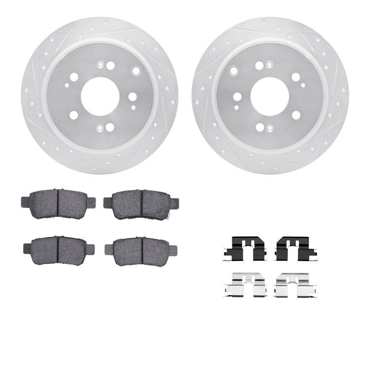 7312-59077 Drilled/Slotted Brake Rotor with 3000-Series Ceramic Brake Pads Kit & Hardware [Silver], 2005-2010 Acura/Honda, Posit