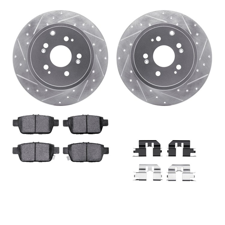 7312-59078 Drilled/Slotted Brake Rotor with 3000-Series Ceramic Brake Pads Kit & Hardware [Silver], 2006-2014 Acura/Honda, Posit