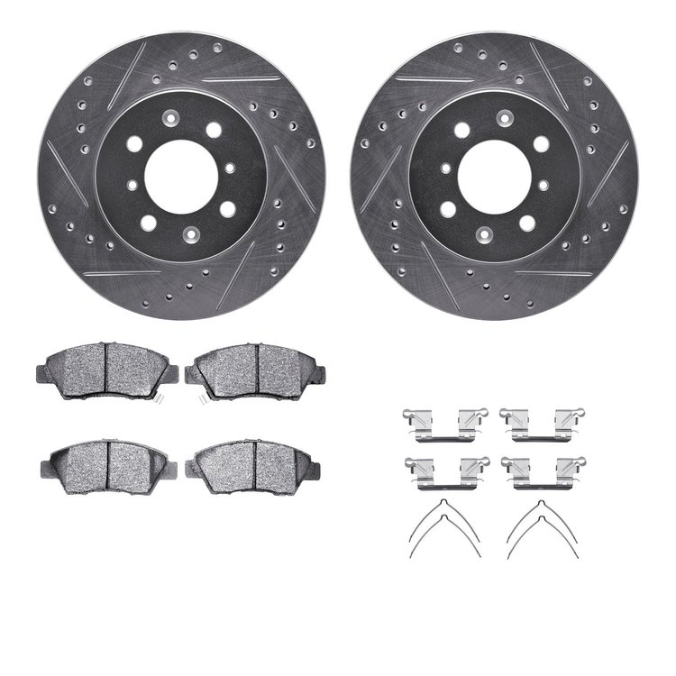 7312-59079 Drilled/Slotted Brake Rotor with 3000-Series Ceramic Brake Pads Kit & Hardware [Silver], 2009-2014 Acura/Honda, Posit