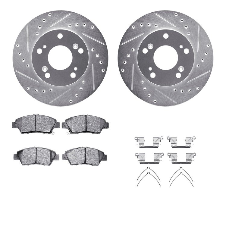 7312-59080 Drilled/Slotted Brake Rotor with 3000-Series Ceramic Brake Pads Kit & Hardware [Silver], 2011-2015 Acura/Honda, Posit