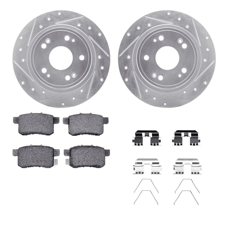 7312-59082 Drilled/Slotted Brake Rotor with 3000-Series Ceramic Brake Pads Kit & Hardware [Silver], 2008-2017 Acura/Honda, Posit