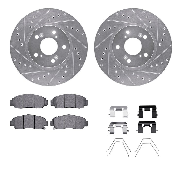 7312-59083 Drilled/Slotted Brake Rotor with 3000-Series Ceramic Brake Pads Kit & Hardware [Silver], 1999-2014 Acura/Honda, Posit