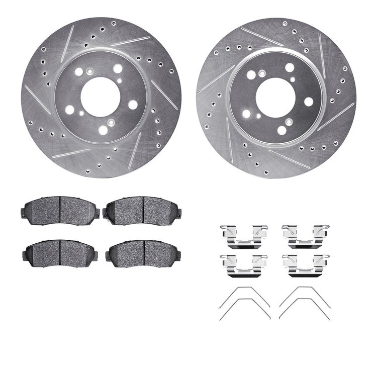 7312-59084 Drilled/Slotted Brake Rotor with 3000-Series Ceramic Brake Pads Kit & Hardware [Silver], 2005-2010 Acura/Honda, Posit