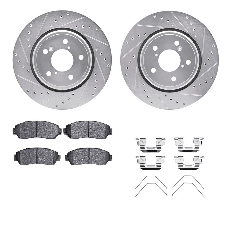 7312-59087 Drilled/Slotted Brake Rotor with 3000-Series Ceramic Brake Pads Kit & Hardware [Silver], Fits Select Acura/Honda, Pos