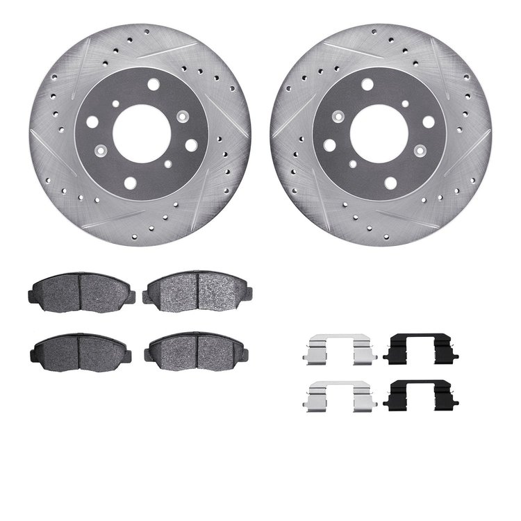 7312-59088 Drilled/Slotted Brake Rotor with 3000-Series Ceramic Brake Pads Kit & Hardware [Silver], 1998-2002 Acura/Honda, Posit