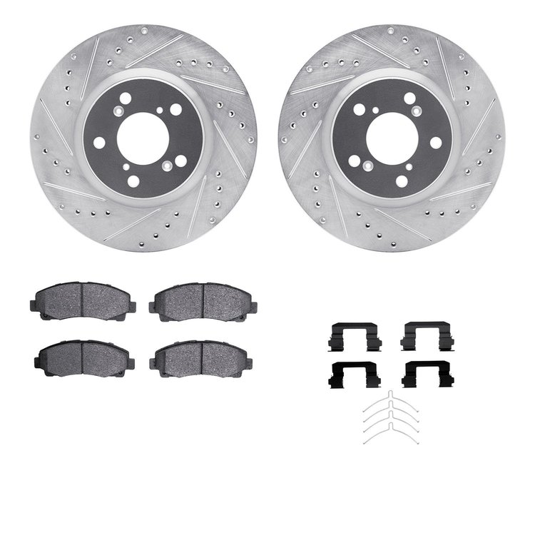 7312-59092 Drilled/Slotted Brake Rotor with 3000-Series Ceramic Brake Pads Kit & Hardware [Silver], 2006-2014 Acura/Honda, Posit