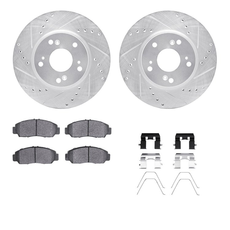 7312-59094 Drilled/Slotted Brake Rotor with 3000-Series Ceramic Brake Pads Kit & Hardware [Silver], 2013-2015 Acura/Honda, Posit