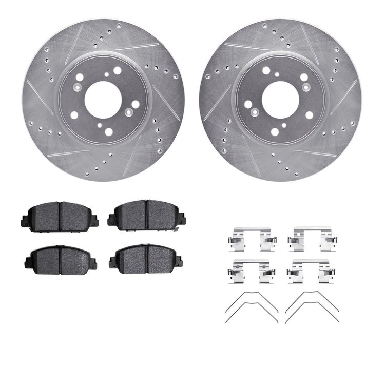 7312-59097 Drilled/Slotted Brake Rotor with 3000-Series Ceramic Brake Pads Kit & Hardware [Silver], Fits Select Acura/Honda, Pos