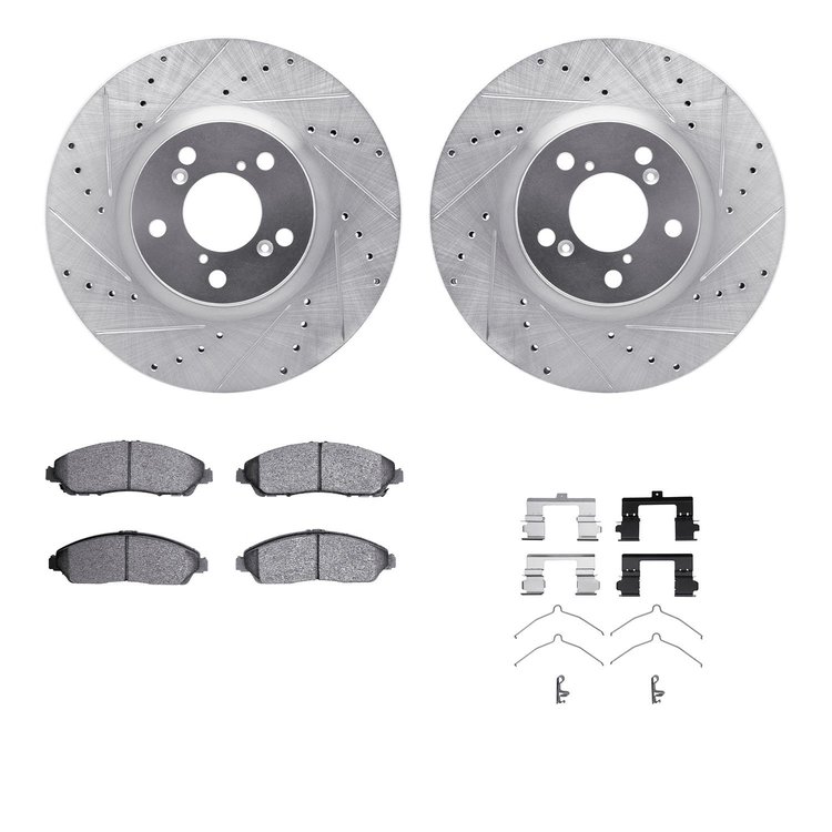 7312-59100 Drilled/Slotted Brake Rotor with 3000-Series Ceramic Brake Pads Kit & Hardware [Silver], 2007-2020 Acura/Honda, Posit