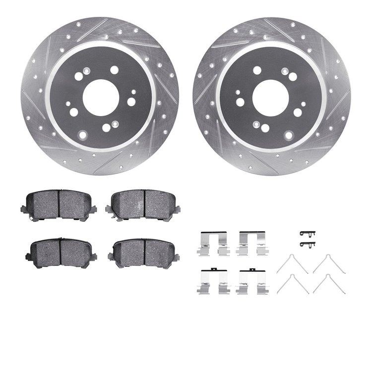 7312-59102 Drilled/Slotted Brake Rotor with 3000-Series Ceramic Brake Pads Kit & Hardware [Silver], 2007-2017 Acura/Honda, Posit