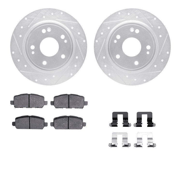7312-59105 Drilled/Slotted Brake Rotor with 3000-Series Ceramic Brake Pads Kit & Hardware [Silver], Fits Select Acura/Honda, Pos