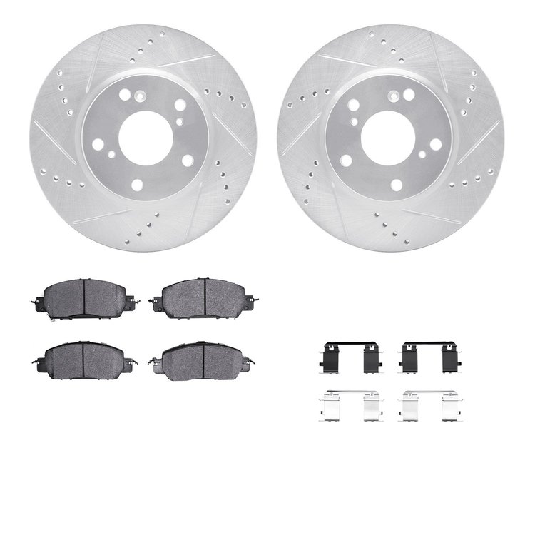 7312-59106 Drilled/Slotted Brake Rotor with 3000-Series Ceramic Brake Pads Kit & Hardware [Silver], 2016-2017 Acura/Honda, Posit