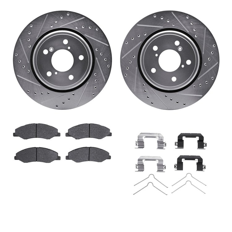 7312-59113 Drilled/Slotted Brake Rotor with 3000-Series Ceramic Brake Pads Kit & Hardware [Silver], Fits Select Acura/Honda, Pos