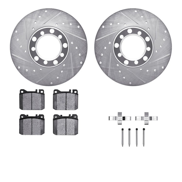7312-63021 Drilled/Slotted Brake Rotor with 3000-Series Ceramic Brake Pads Kit & Hardware [Silver], 1979-1985 Mercedes-Benz, Pos