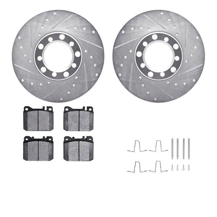 7312-63022 Drilled/Slotted Brake Rotor with 3000-Series Ceramic Brake Pads Kit & Hardware [Silver], 1979-1985 Mercedes-Benz, Pos