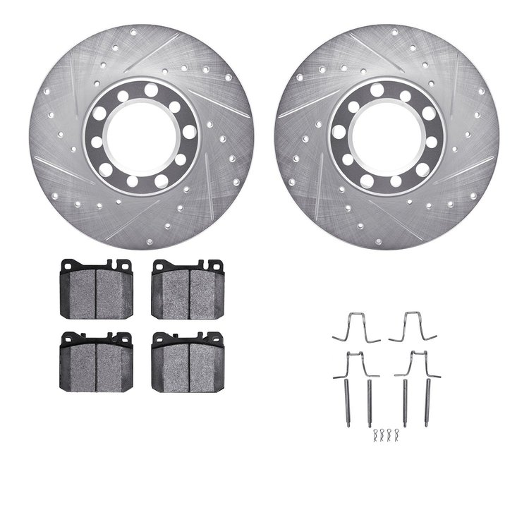 7312-63028 Drilled/Slotted Brake Rotor with 3000-Series Ceramic Brake Pads Kit & Hardware [Silver], 1980-1985 Mercedes-Benz, Pos