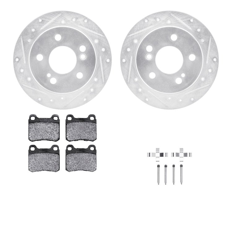 7312-63029 Drilled/Slotted Brake Rotor with 3000-Series Ceramic Brake Pads Kit & Hardware [Silver], 1984-1995 Mercedes-Benz, Pos