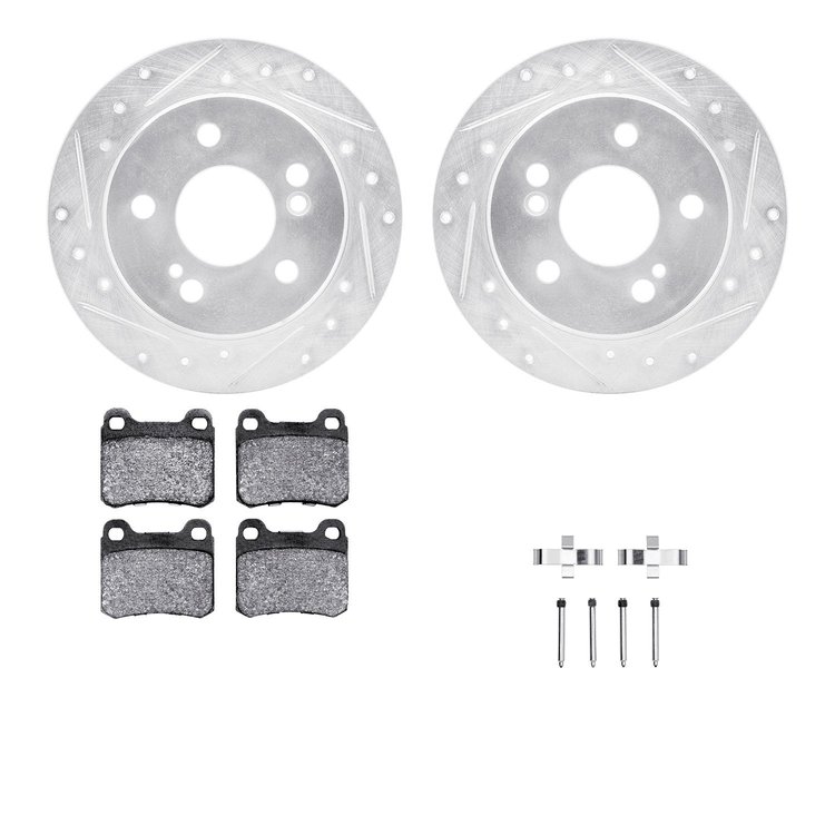 7312-63031 Drilled/Slotted Brake Rotor with 3000-Series Ceramic Brake Pads Kit & Hardware [Silver], 1984-1989 Mercedes-Benz, Pos