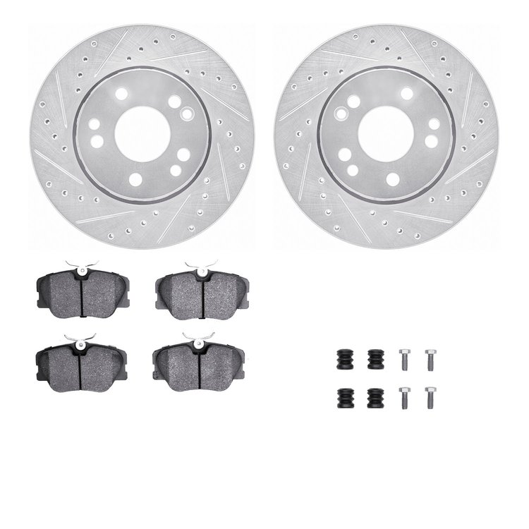 7312-63032 Drilled/Slotted Brake Rotor with 3000-Series Ceramic Brake Pads Kit & Hardware [Silver], 1990-1992 Mercedes-Benz, Pos
