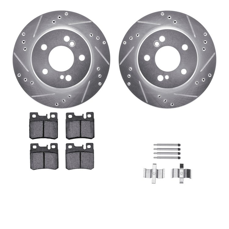 7312-63041 Drilled/Slotted Brake Rotor with 3000-Series Ceramic Brake Pads Kit & Hardware [Silver], 1992-1994 Mercedes-Benz, Pos