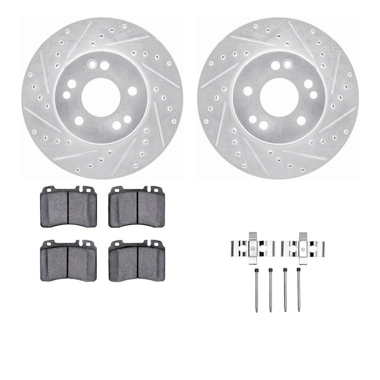 7312-63044 Drilled/Slotted Brake Rotor with 3000-Series Ceramic Brake Pads Kit & Hardware [Silver], 1990-1995 Mercedes-Benz, Pos