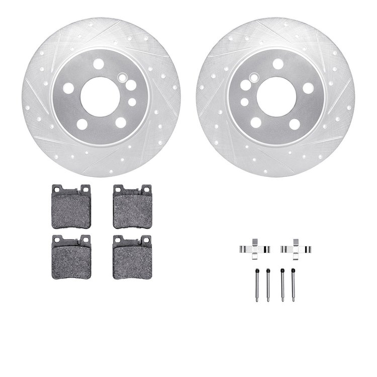 7312-63052 Drilled/Slotted Brake Rotor with 3000-Series Ceramic Brake Pads Kit & Hardware [Silver], 1991-1999 Mercedes-Benz, Pos