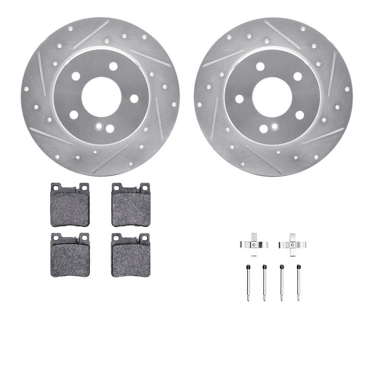 7312-63054 Drilled/Slotted Brake Rotor with 3000-Series Ceramic Brake Pads Kit & Hardware [Silver], 1994-2000 Mercedes-Benz, Pos
