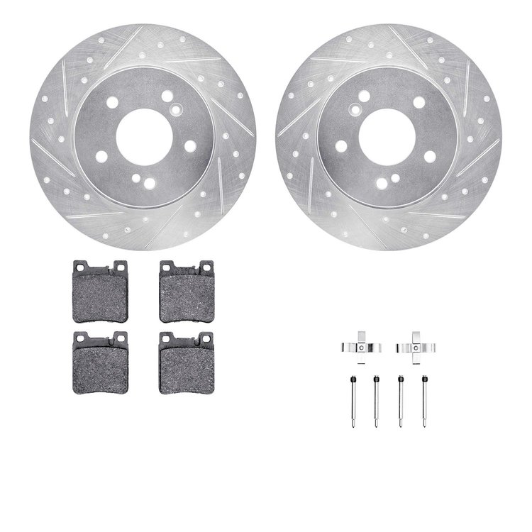 7312-63055 Drilled/Slotted Brake Rotor with 3000-Series Ceramic Brake Pads Kit & Hardware [Silver], 1996-1998 Mercedes-Benz, Pos