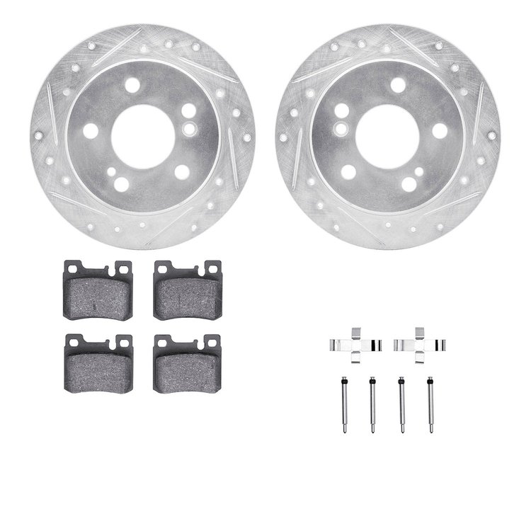 7312-63057 Drilled/Slotted Brake Rotor with 3000-Series Ceramic Brake Pads Kit & Hardware [Silver], 1986-1993 Mercedes-Benz, Pos