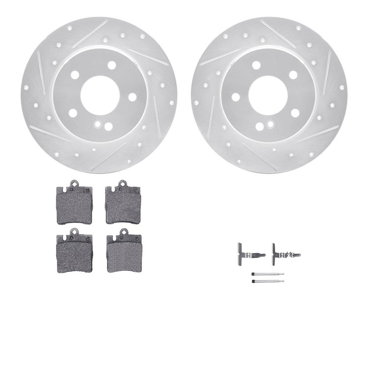 7312-63085 Drilled/Slotted Brake Rotor with 3000-Series Ceramic Brake Pads Kit & Hardware [Silver], 1996-2011 Mercedes-Benz, Pos