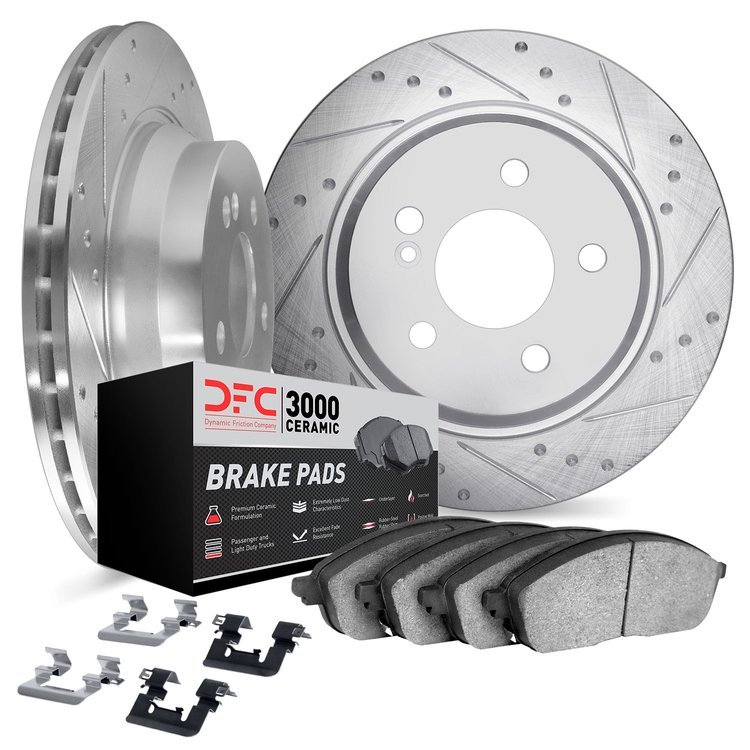 7312-63097 Dimpled & Slotted Brake Rotors with 3000-Series Ceramic Brake Pads Kit & Hardware [Silver], 2003-2017 Mercedes-Benz, 