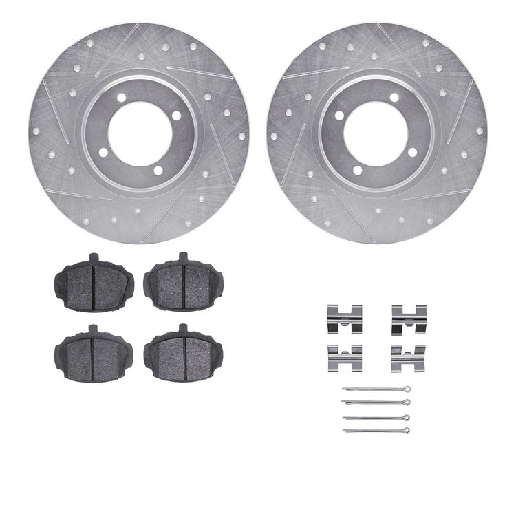 7312-64001 Drilled/Slotted Brake Rotor with 3000-Series Ceramic Brake Pads Kit & Hardware [Silver], 1962-1980 MG, Position: Fron