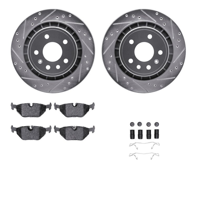 7312-65011 Drilled/Slotted Brake Rotor with 3000-Series Ceramic Brake Pads Kit & Hardware [Silver], 2002-2010 GM, Position: Rear