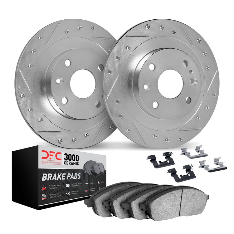 7312-67008 Drilled/Slotted Brake Rotor with 3000-Series Ceramic Brake Pads Kit & Hardware [Silver], 1980-1983 Infiniti/Nissan, P