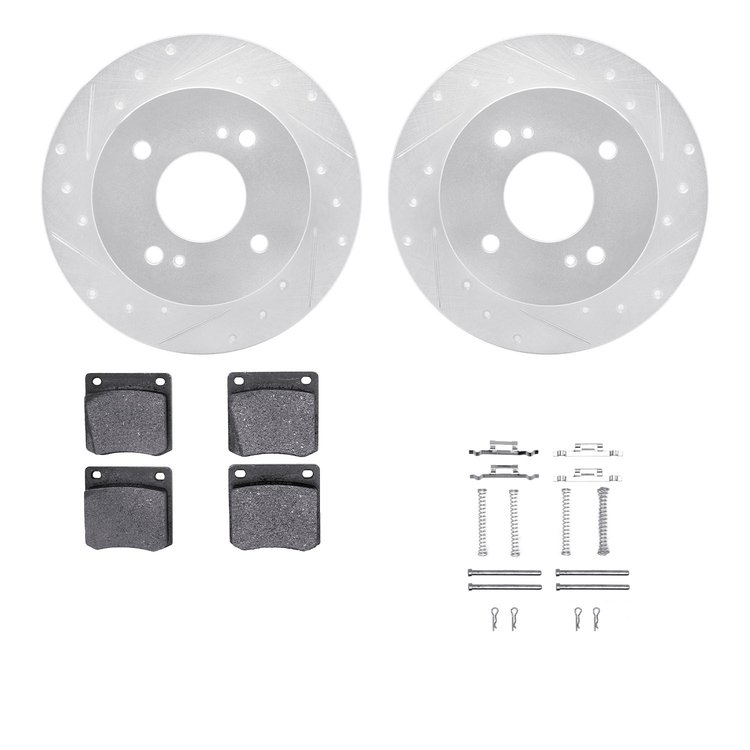 7312-67014 Drilled/Slotted Brake Rotor with 3000-Series Ceramic Brake Pads Kit & Hardware [Silver], 1979-1981 Infiniti/Nissan, P
