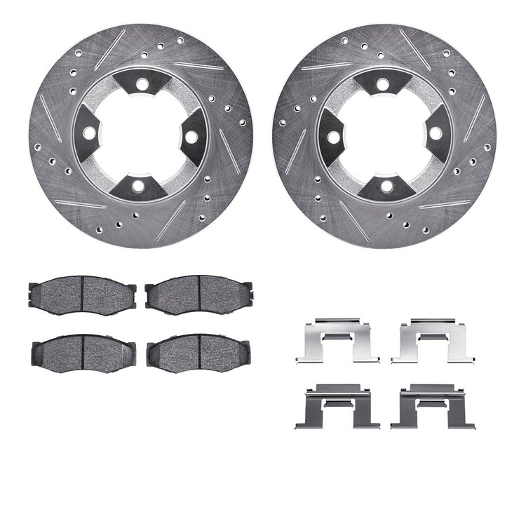 7312-67016 Drilled/Slotted Brake Rotor with 3000-Series Ceramic Brake Pads Kit & Hardware [Silver], 1986-1986 Infiniti/Nissan, P