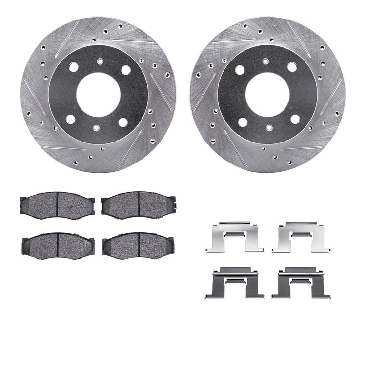 7312-67019 Drilled/Slotted Brake Rotor with 3000-Series Ceramic Brake Pads Kit & Hardware [Silver], 1985-1989 Infiniti/Nissan, P