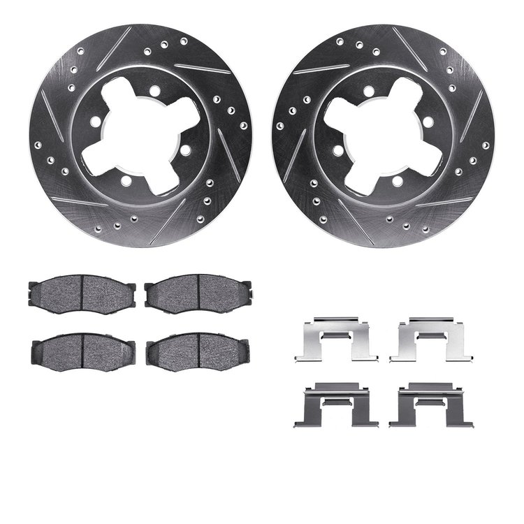 7312-67021 Drilled/Slotted Brake Rotor with 3000-Series Ceramic Brake Pads Kit & Hardware [Silver], 1984-1986 Infiniti/Nissan, P