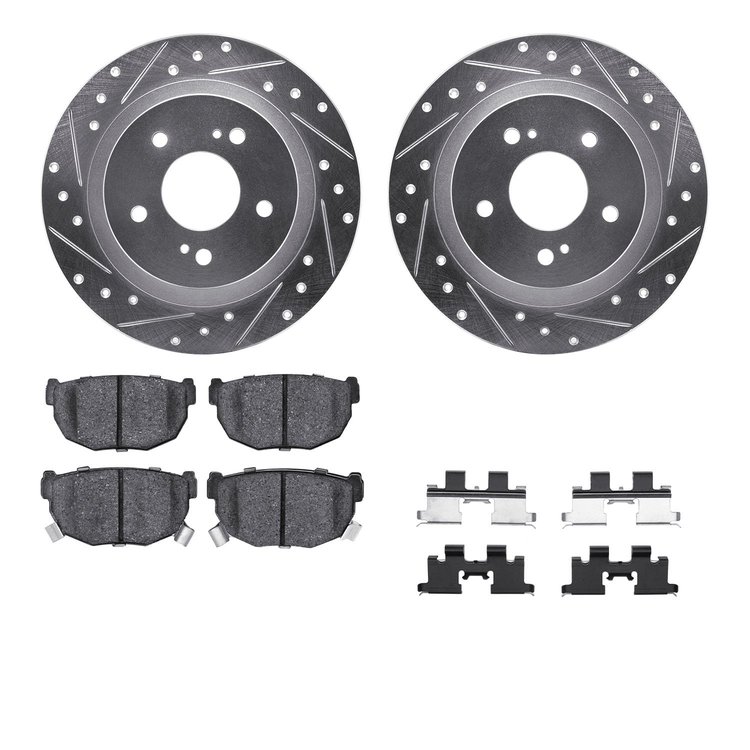 7312-67031 Drilled/Slotted Brake Rotor with 3000-Series Ceramic Brake Pads Kit & Hardware [Silver], 1984-1988 Infiniti/Nissan, P
