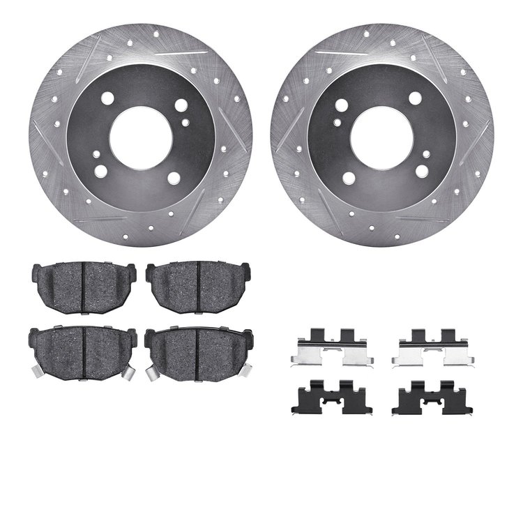 7312-67032 Drilled/Slotted Brake Rotor with 3000-Series Ceramic Brake Pads Kit & Hardware [Silver], 1989-1998 Infiniti/Nissan, P