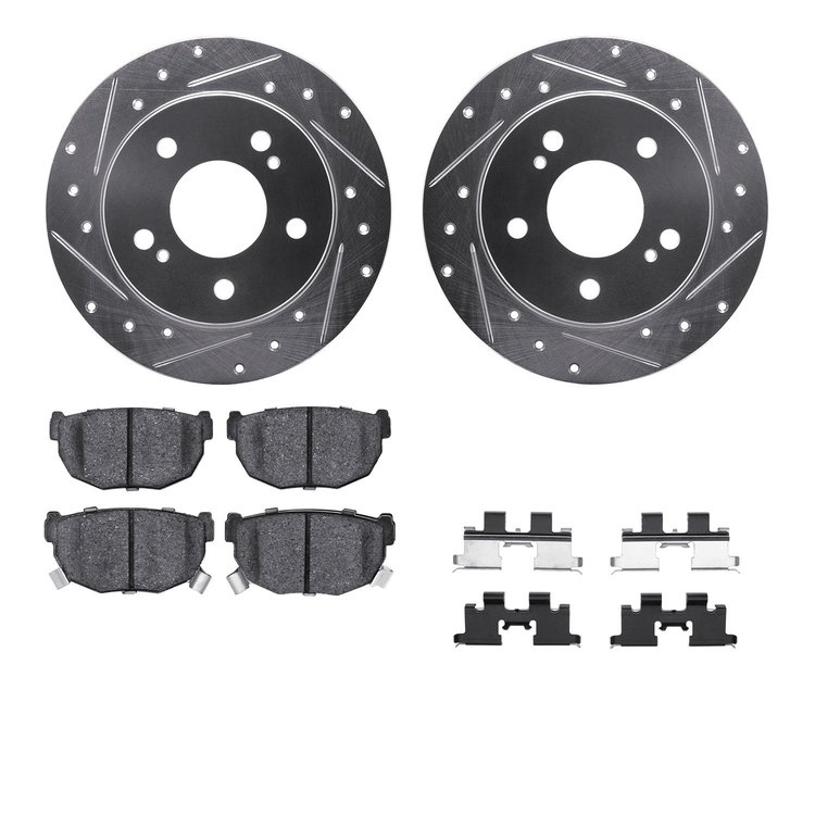 7312-67033 Drilled/Slotted Brake Rotor with 3000-Series Ceramic Brake Pads Kit & Hardware [Silver], 1994-1998 Infiniti/Nissan, P